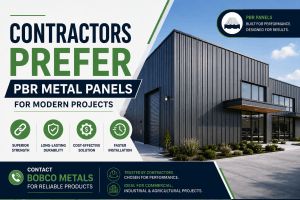 PBR metal roofing panels used on commercial and industrial buildings, preferred by contractors for strength, durability, and easy installation.