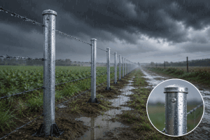 Galvanized steel fence posts standing in heavy rain, resisting rust and corrosion in harsh weather conditions