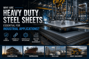 Heavy duty steel sheets being used in industrial manufacturing for construction, shipbuilding, oil and gas, and heavy machinery applications.