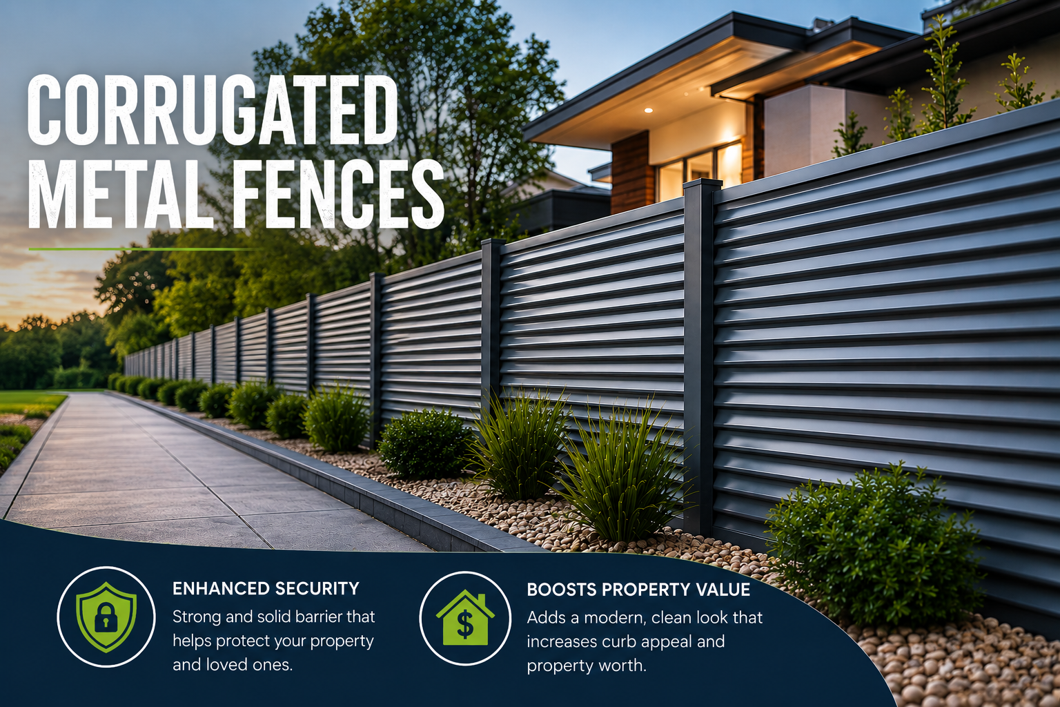 Modern corrugated metal fence improving residential property security and curb appeal