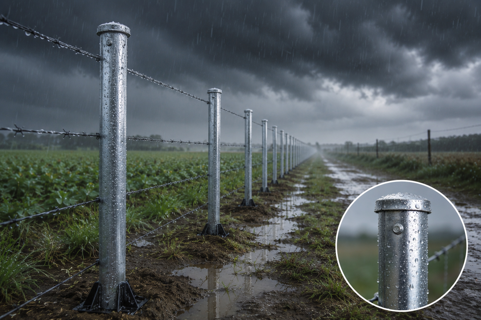 Galvanized steel fence posts standing in heavy rain, resisting rust and corrosion in harsh weather conditions