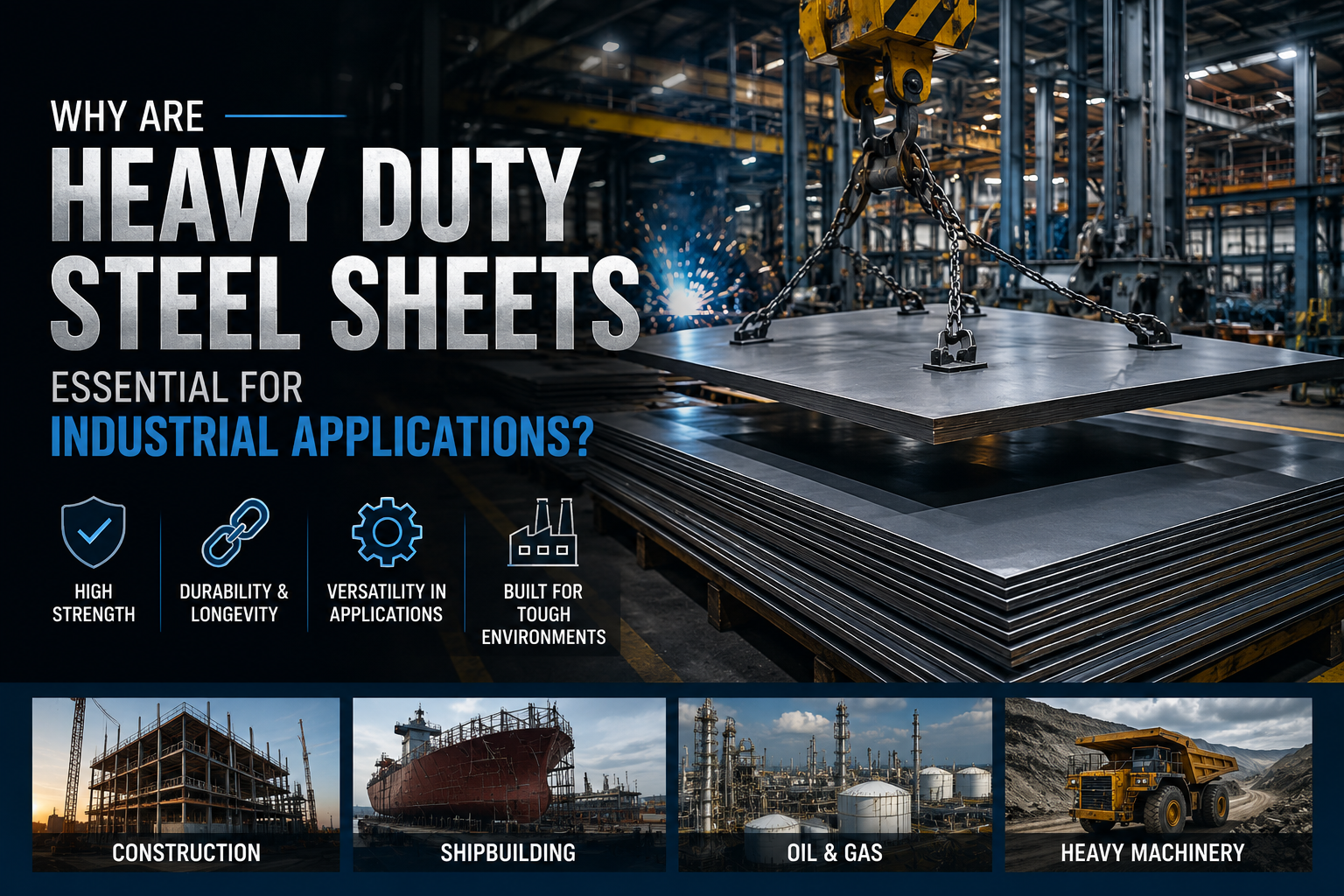 Heavy duty steel sheets being used in industrial manufacturing for construction, shipbuilding, oil and gas, and heavy machinery applications.