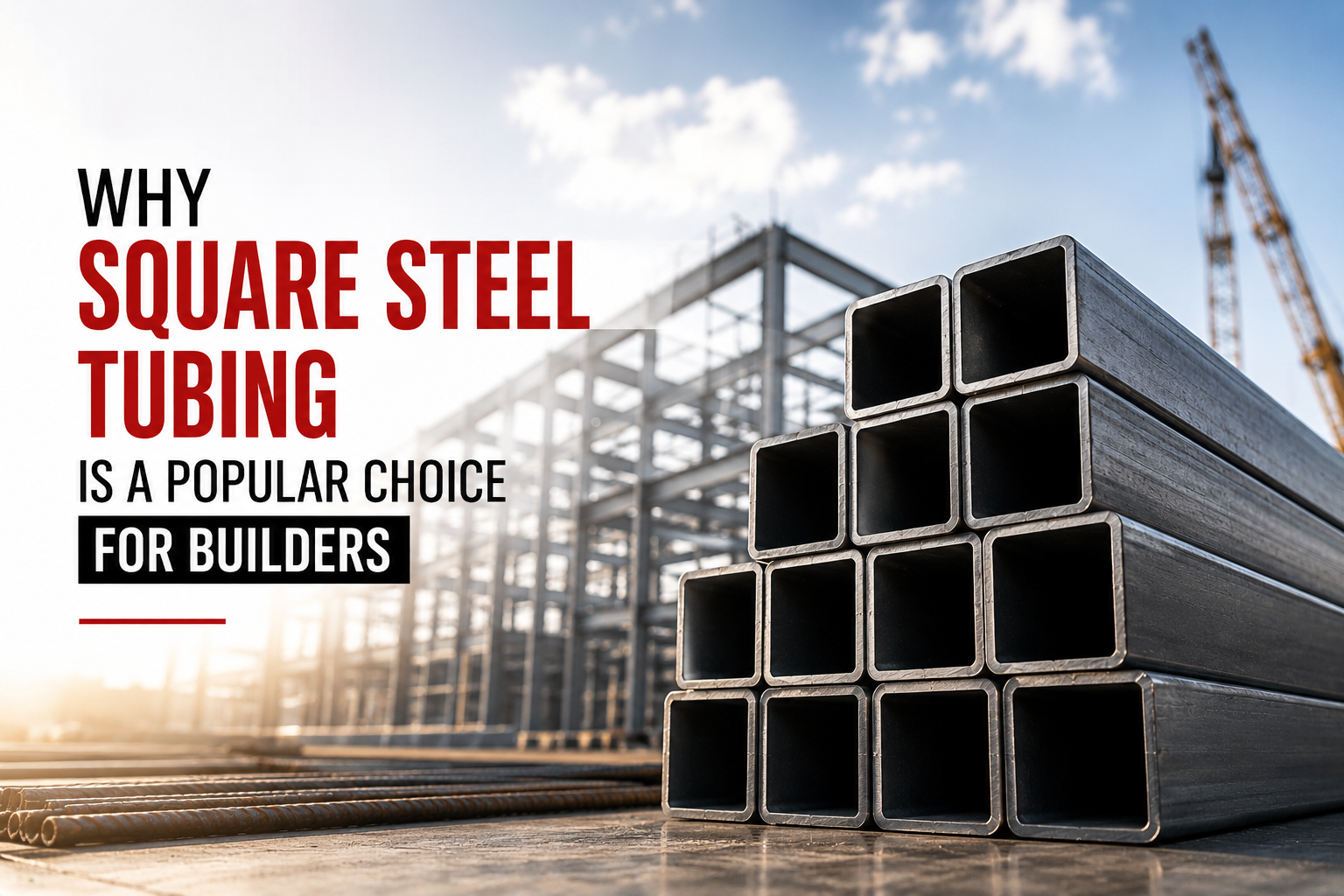 Square steel tubing stacked at a modern construction site